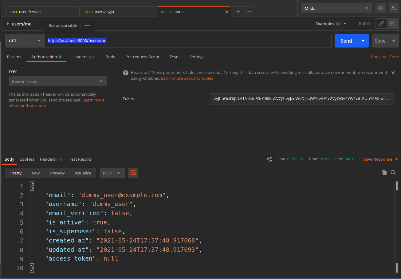 Postman send get request to users me
